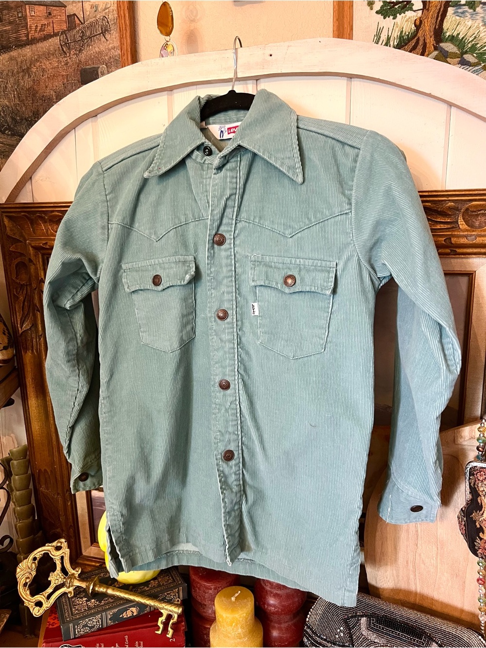 Vintage 70s Western Levis Corduroy Shirt Work Shirt Hippie Light Blue XS/Small - Picture 2 of 10